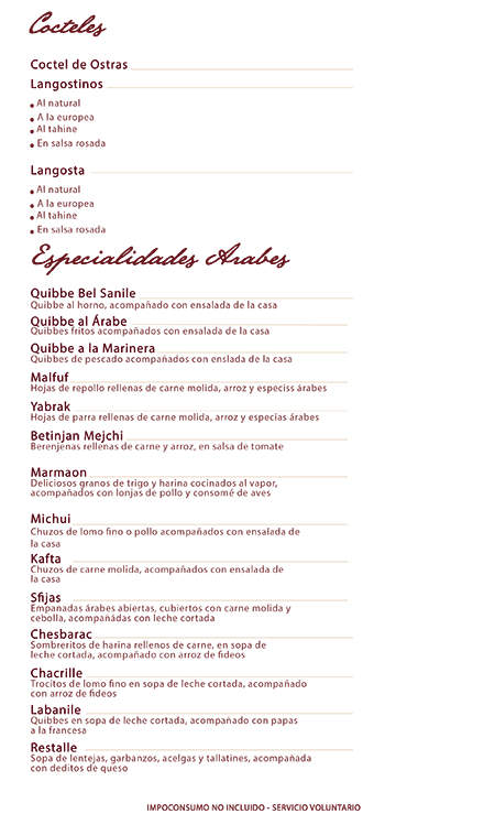 Menú Restaurante Árabe Internacional